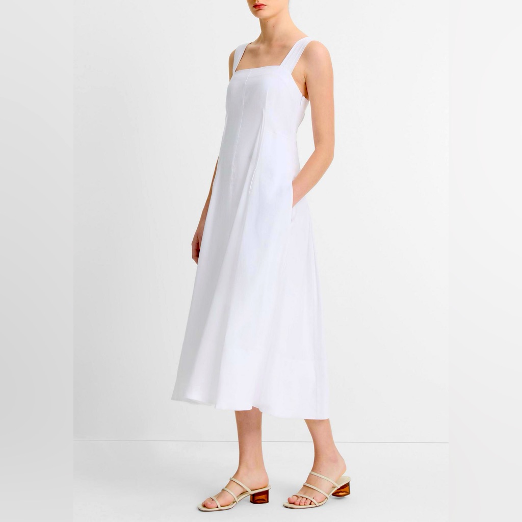 Vince Linen-Blend Square Neck Dress White Xs